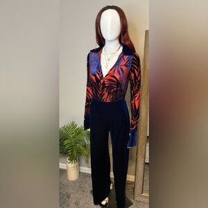 Chic Blue and Red Patterned Jumpsuit